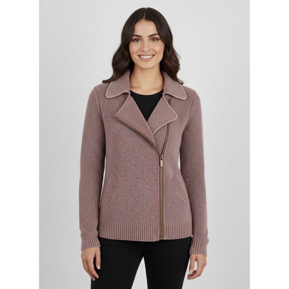 Free People Mauve Knit Sweater Cardigan Moto Jacket | Boho Coastal Grandmother M - Picture 12 of 16